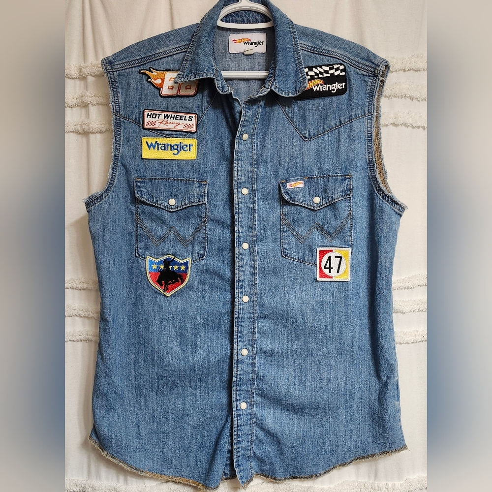Wrangler X Hotwheels Blue Denim Vest with Racing Patches. Lowered To Final Price